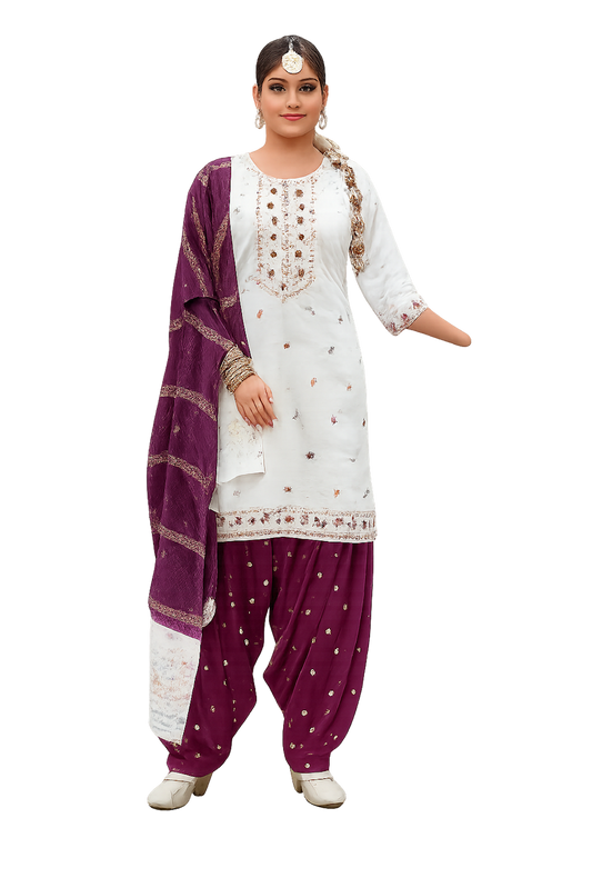 Women Embroidery Kurta Set-White & Wine (Size-XL) | D31