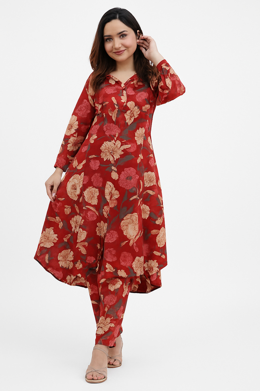Elegant Floral Printed Kurta Set for Women-Maroon (Size-XL)