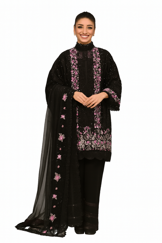 Women Embroidery Kurta Set-Black (Size-XXS) | D08