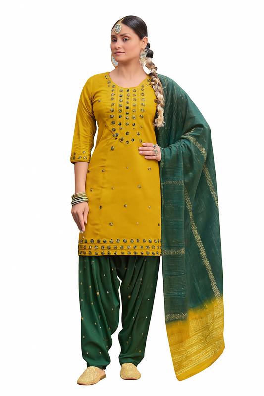 Women Embroidery Kurta Set-Yellow & Green (Size-M) | D23
