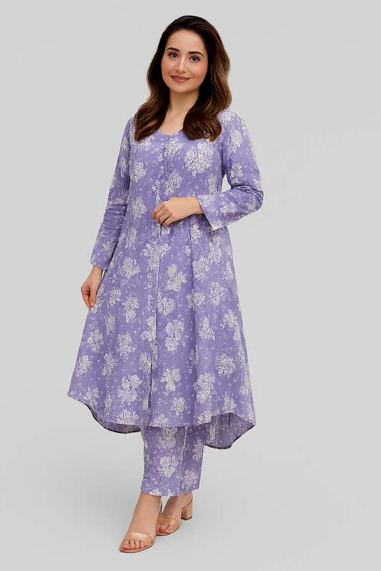 Elegant Floral Printed Kurta Set for Women-Purple (Size-L)