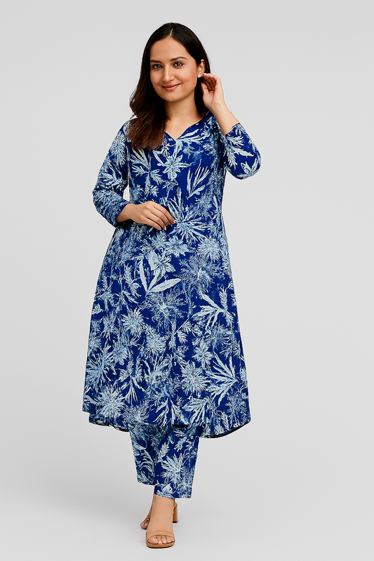 Elegant Floral Printed Kurta Set for Women-Navy (Size-M)