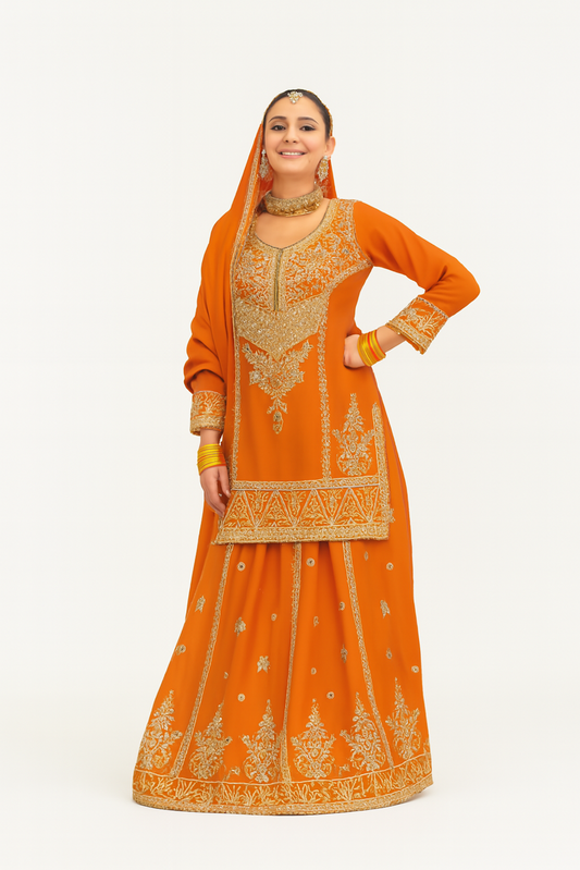 Women Embroidery Kurta Set-Orange (Size-XL) | D22