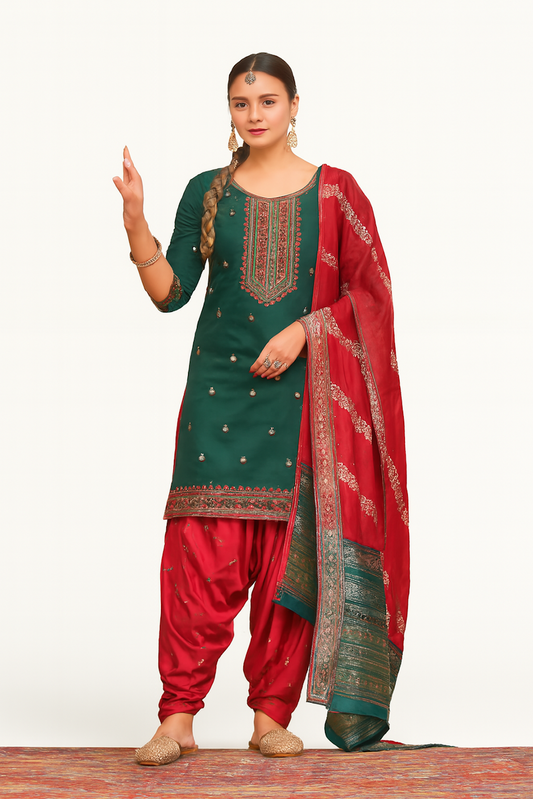 Women Embroidery Kurta Set-Green & Red (Size-S) | D33