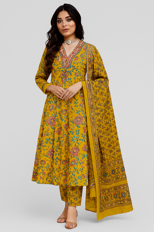 Elegant Floral Suit Set with Dupatta for Women-Mustard (Size-S)