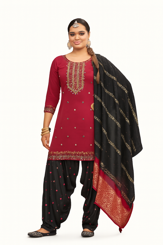 Women Embroidery Kurta Set-Pink & Black (Size-4XL) | D24