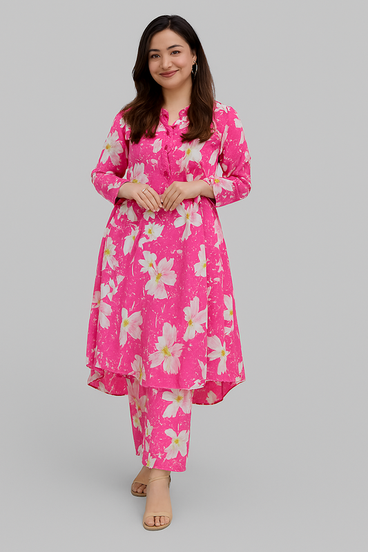 Elegant Floral Printed Kurta Set for Women-Pink (Size-L)