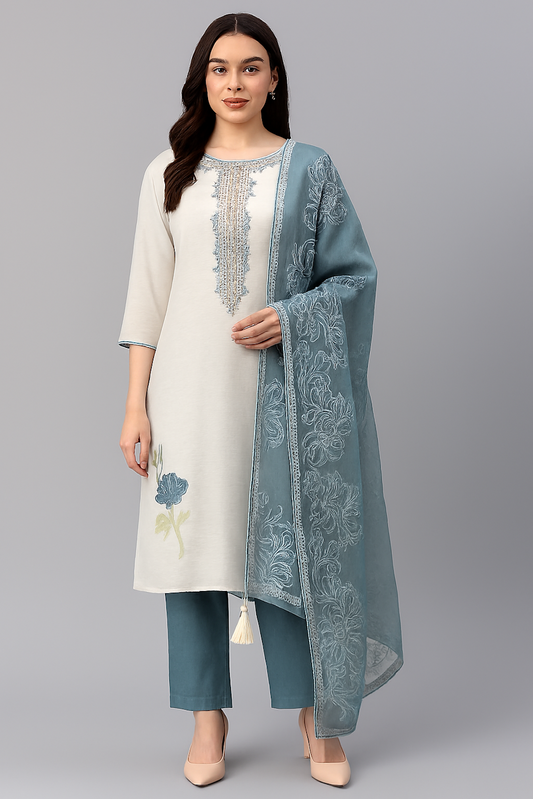 Elegant Ivory & Teal Embroidered Kurta Set with Sheer Dupatta (Size-S)