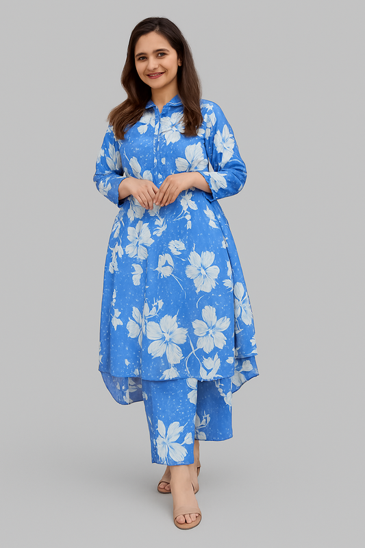 Elegant Floral Printed Kurta Set for Women-Blue (Size-XL)
