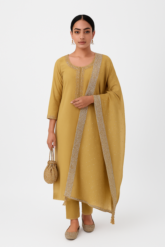 Mustard Embroidered Kurta Set with Dupatta & Potli (Size-M)