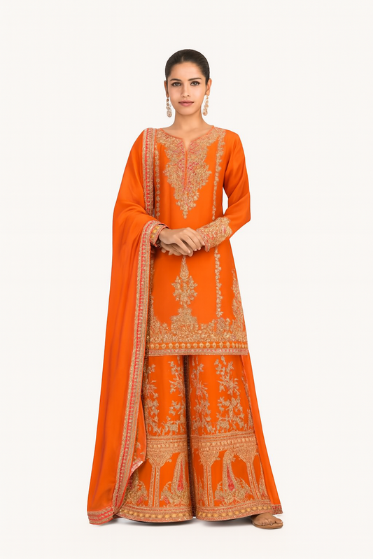 Women Embroidery Kurta Set-Orange (Size-M) | D133