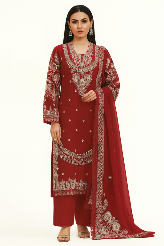 Women Embroidery Kurta Set-Red (Size-2XL) | D62