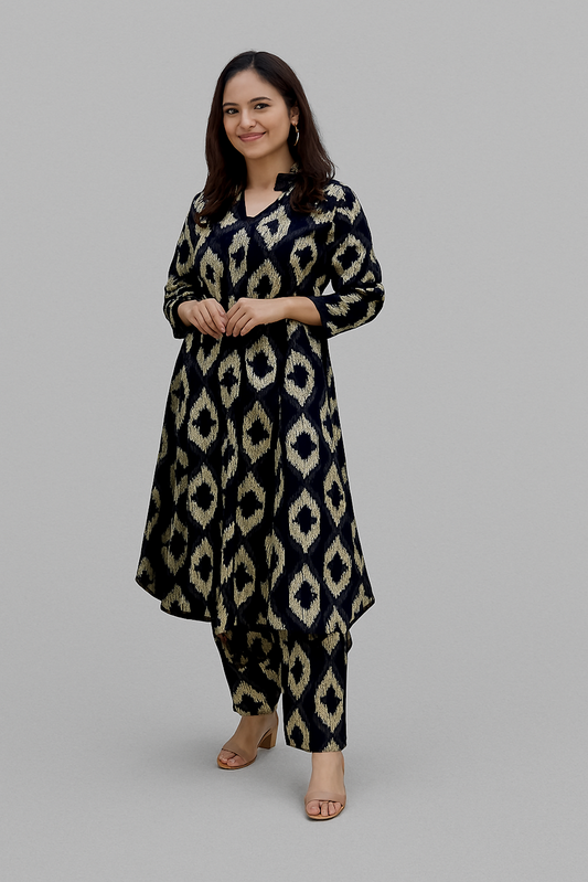 Elegant Floral Printed Kurta Set for Women-Black (Size-XL)