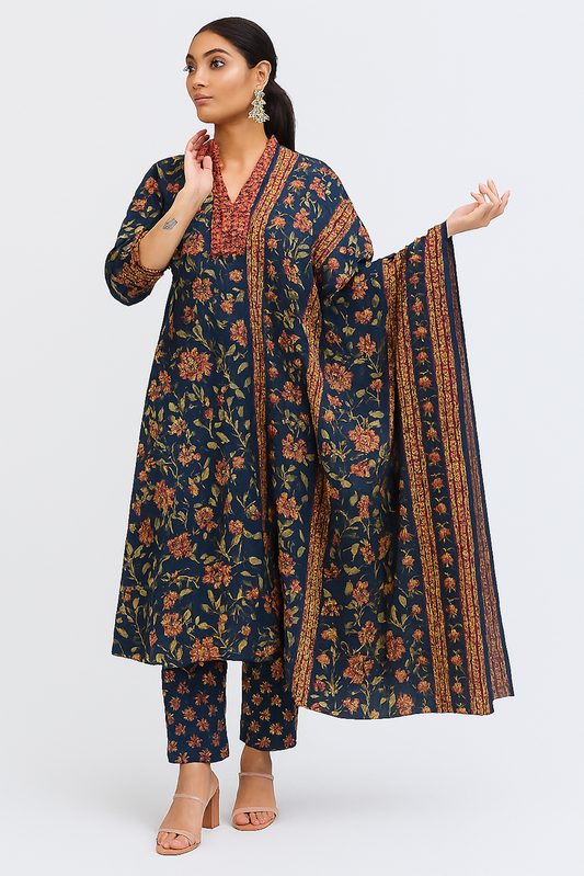 Elegant Floral Suit Set with Dupatta for Women-Navy (Size-L)