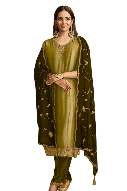 Women Embroidery Kurta Set-Mehendi (Size-3XL) | D42