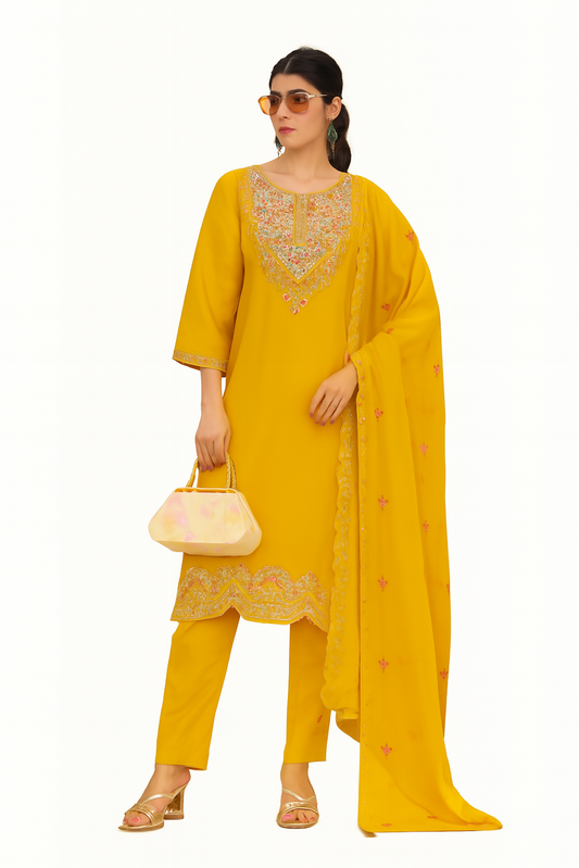 Women Embroidery Kurta Set-Yellow (Size-4XL) | D39