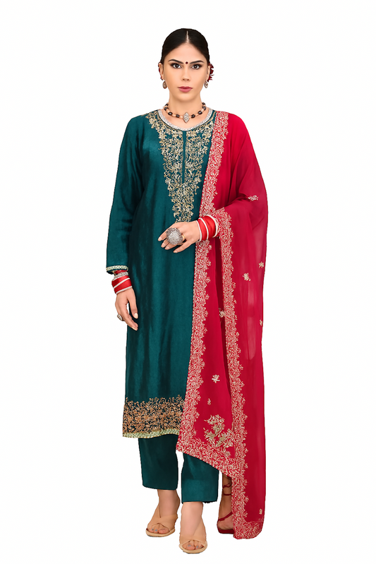Women Embroidery Kurta Set-Teal & Pink (Size-XL) | D68