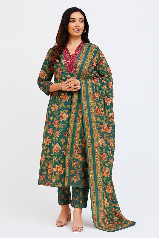 Elegant Floral Suit Set with Dupatta for Women-Green (Size-XL)
