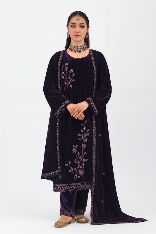 Women Embroidery Kurta Set-Wine (Size-S) | D147