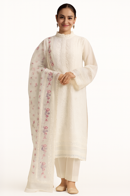 Women Embroidery Kurta Set-Off White (Size-2XL) | D07