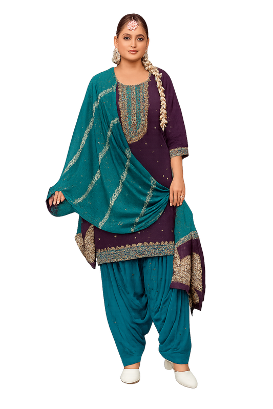Women Embroidery Kurta Set-Brown & Teal (Size-4XL) | D30