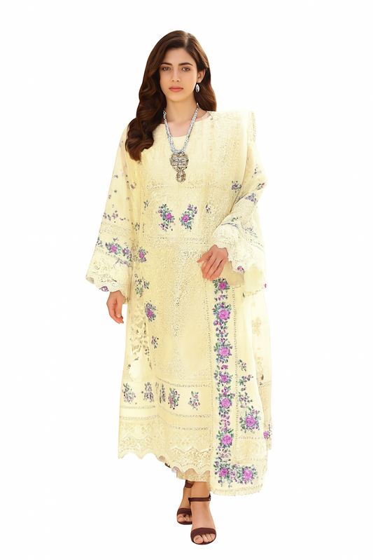 Women Embroidery Kurta Set-Light Yellow (Size-XL) | D130