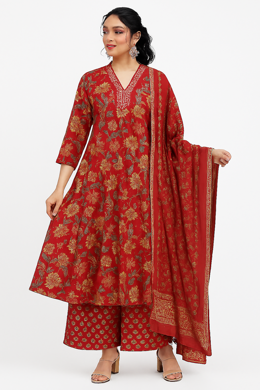 Elegant Floral Suit Set with Dupatta for Women-Maroon (Size-L)
