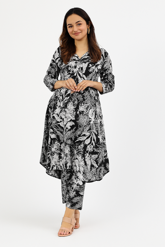 Elegant Floral Printed Kurta Set for Women-Black & White (Size-S)