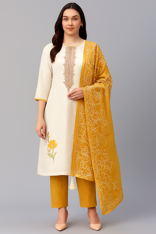 Elegant Ivory & Yellow Embroidered Kurta Set with Sheer Dupatta