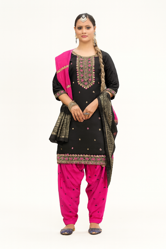Women Embroidery Kurta Set-Black &pink (Size-3XL) | D32
