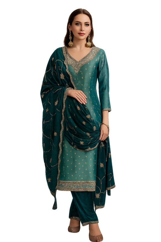 Women Embroidery Kurta Set-Teal (Size-XXS) | D35