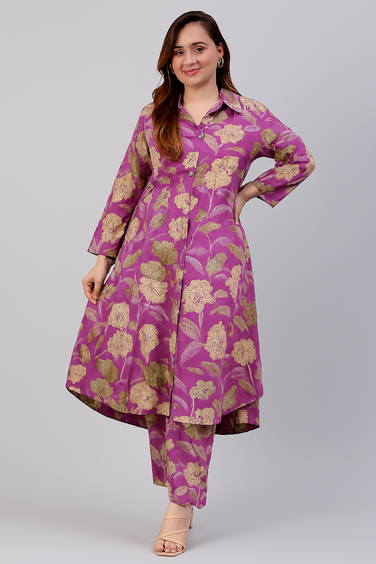 Elegant Floral Printed Kurta Set for Women-Lavender (Size-L)